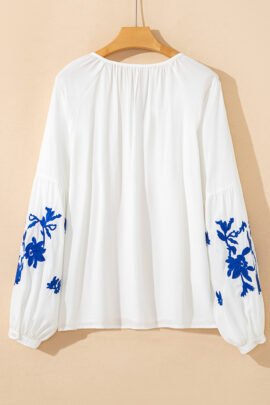 White Floral Embroidered Drawstring V Neck Blouse White Floral Embroidered Drawstring V Neck Blouse - Image 5