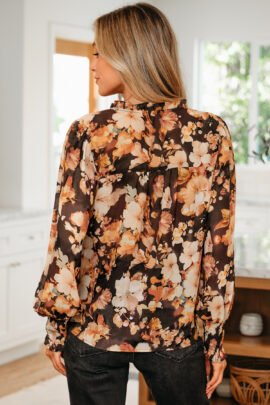 Black Floral V Neck Long Puff Sleeve Breezy Blouse - Image 2