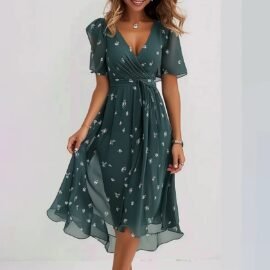 Women's Chiffon Floral Wrap Midi Dress – Elegant V-Neck Summer Sundress