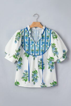 White Floral Print Contrast Trim Tie Neck Blouse White Floral Print Contrast Trim Tie Neck Blouse - Image 7