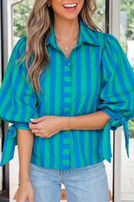 Blue Stripe Tie Puff Sleeve Womens Button Down Shirt
