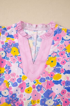 Pink Playful Floral Print Striped Color Block Patchwork V Neck Flutter Sleeve Blouse - Image 8