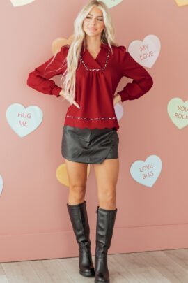 Fiery Red Collar V Neck Leopard Contrasted Trim Textured Blouse - Image 6