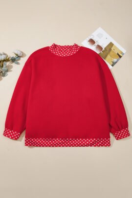Racing Red Polka Dot Patchwork Round Neck Plus Size Sweatshirt - Image 51