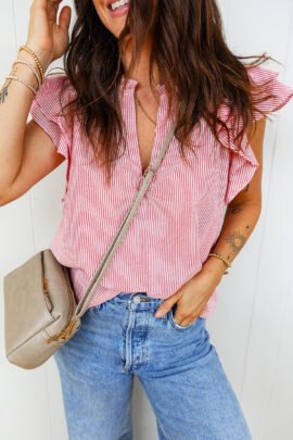 Red Stripe Frilly Split Neck Double Ruffled Short Sleeve Blouse - Image 7