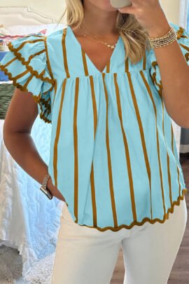 Sky Blue Stripe Ricrac Trim Double Ruffled Short Sleeve V Neck Blouse - Image 4