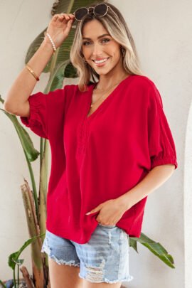 Racing Red Braided Trim V Neck Half Sleeve Blouse Racing Red Braided Trim V Neck Half Sleeve Blouse - Image 4