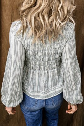 Blue Stripe V Neck Shirred Long Sleeve Blouse - Image 2