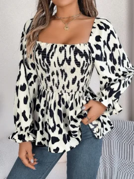 Leopard Print Smocked Square Neck Blouse Leopard Print Smocked Square Neck Blouse - Image 7