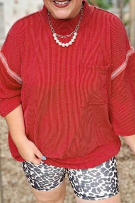 Fiery Red Twist Ribbed Tunic Round Neck Bracelet Sleeve Plus Size Blouse Fiery Red Twist Ribbed Tunic Round Neck Bracelet Sleeve Plus Size Blouse - Image 4