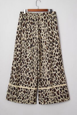 Khaki Exposed Seam Patched Pocket Plus Size Drawstring Leopard Wide Leg Pants Khaki Exposed Seam Patched Pocket Plus Size Drawstring Leopard Wide Leg Pants - Image 7