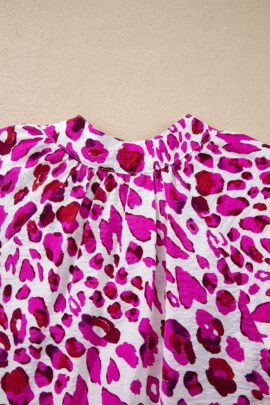 Rose Leopard Print V Neck Puffy Half Sleeve Blouse - Image 7