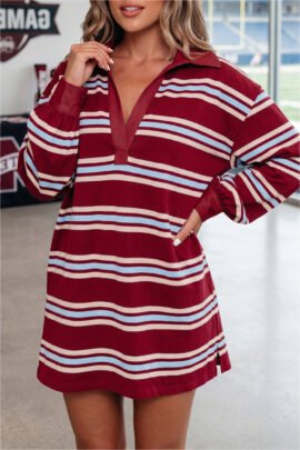 Red Stripe Retro Polo Collar Long Sleeve T Shirt Shift Mini Dress