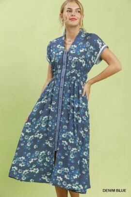 Floral Midi Shift Dress - Full Button-down & Ruffle Sleeve