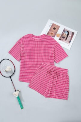 Rose Stripe Raised Rib Loose Tee Drawstring Elastic Waist 2pcs Short Set Rose Stripe Raised Rib Loose Tee Drawstring Elastic Waist 2pcs Short Set - Image 3