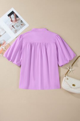 Phalaenopsis Stitched Detail V Neck Puffy Half Sleeve Blouse Phalaenopsis Stitched Detail V Neck Puffy Half Sleeve Blouse - Image 4