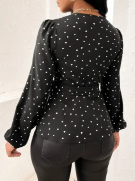 Heart Print Wrap Tie Peplum Blouse - Image 5