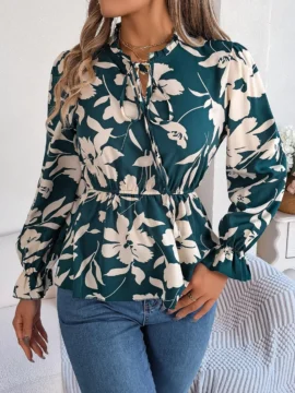 Floral Print Mock Neck Peplum Blouse - Image 9