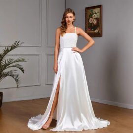Sleeveless strapless white satin wedding evening dress