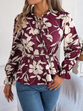 Floral Print Mock Neck Peplum Blouse - Image 16