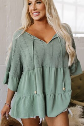 Laurel Green Tie Split Neck Textured Ruffle Patchwork Blouse - Image 7