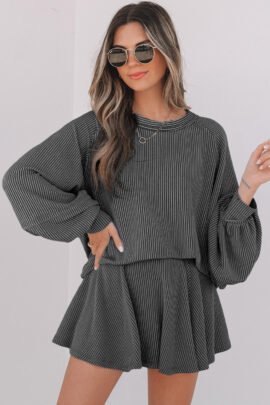 Sky Blue Corded Lantern Sleeve Top High Waist Ruffled Mini Skort Set - Image 4