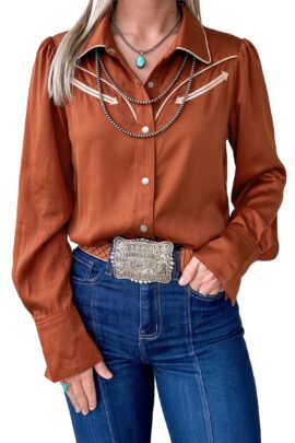 Cinnamon Silky Long Sleeve Button Front Western Fashion Shirt Cinnamon Silky Long Sleeve Button Front Western Fashion Shirt - Image 4