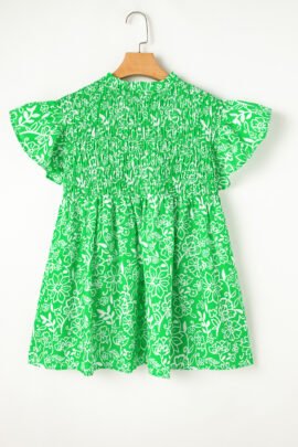 Green Floral Flutter Sleeve Shirred Notched Neck Plus Size Blouse Green Floral Flutter Sleeve Shirred Notched Neck Plus Size Blouse - Image 6