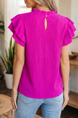 Rose Red Solid Color Textured Ruffle Trim Short Sleeve Blouse Rose Red Solid Color Textured Ruffle Trim Short Sleeve Blouse - Image 2