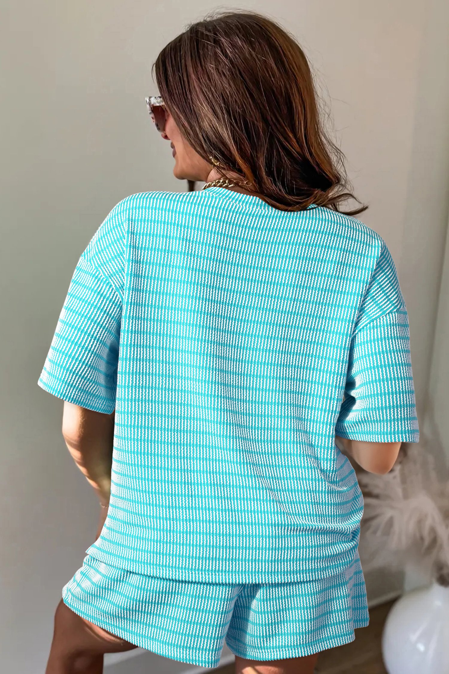 Rose Stripe Raised Rib Loose Tee Drawstring Elastic Waist 2pcs Short Set Rose Stripe Raised Rib Loose Tee Drawstring Elastic Waist 2pcs Short Set - Image 8