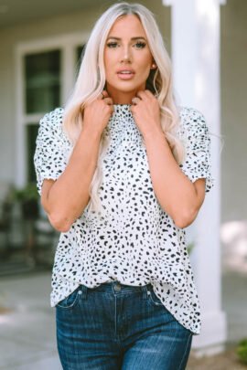 Leopard Smocking Detail Bubble Sleeve Blouse Leopard Smocking Detail Bubble Sleeve Blouse - Image 7