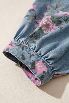 Blue Bracelet Sleeve Floral Denim Shirt - Image 6