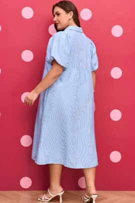 Sky Blue Stripe Shirred Detail Collar V Neck Plus Size Midi Dress - Image 2