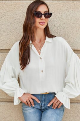 White Ruffle Elastic Cuffs Puffy Long Sleeve Button Down Shirt - Image 4