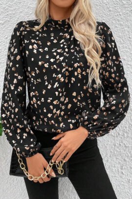 White Leopard Print Lantern Sleeve Mock Neck Pleated Blouse - Image 4