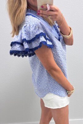 Pink Eyelet Embroidered Flower Texture Contrast Lace Trim Flutter Sleeve Blouse Pink Eyelet Embroidered Flower Texture Contrast Lace Trim Flutter Sleeve Blouse - Image 5