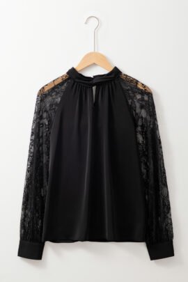 Black Keyhole Neckline Floral Lace Raglan Sleeve Blouse Black Keyhole Neckline Floral Lace Raglan Sleeve Blouse - Image 8