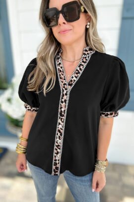 Black V Neck Short Puff Sleeve Contrast Striped Leopard Trim Button Down Shirt Black V Neck Short Puff Sleeve Contrast Striped Leopard Trim Button Down Shirt - Image 7
