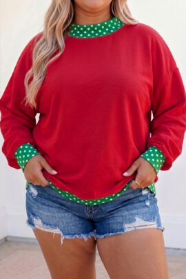 Racing Red Polka Dot Patchwork Round Neck Plus Size Sweatshirt - Image 3