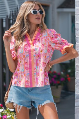 Pink Poppy Flower Striped Print Color Block Trim V Neck Short Sleeve Blouse Pink Poppy Flower Striped Print Color Block Trim V Neck Short Sleeve Blouse - Image 6