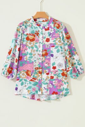 Pink Floral Print Patchwork Frilly Neckline Long Sleeve Shirt Pink Floral Print Patchwork Frilly Neckline Long Sleeve Shirt - Image 4