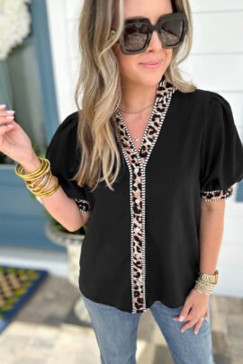 Black V Neck Short Puff Sleeve Contrast Striped Leopard Trim Button Down Shirt Black V Neck Short Puff Sleeve Contrast Striped Leopard Trim Button Down Shirt - Image 4