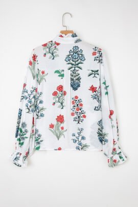White Floral Print Frilled Collar V Neck Button Down Long Sleeve Shirt White Floral Print Frilled Collar V Neck Button Down Long Sleeve Shirt - Image 4