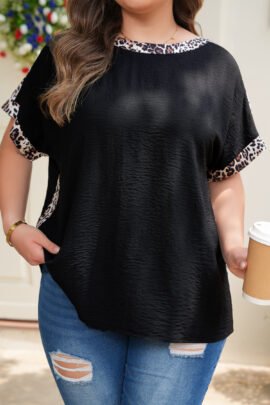 Black Plus Size Leopard Patchwork Round Neck Loose Tee Black Plus Size Leopard Patchwork Round Neck Loose Tee - Image 6