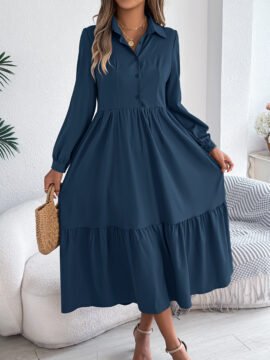 Long Sleeve Tiered Button Down Midi Shirt Dress with Pockets - Image 8