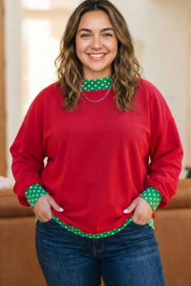Racing Red Polka Dot Patchwork Round Neck Plus Size Sweatshirt - Image 2