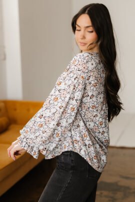 Khaki Bold Floral Print Frilled Puff Sleeve Button Down Shirt - Image 3