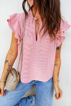 Red Stripe Frilly Split Neck Double Ruffled Short Sleeve Blouse - Image 5