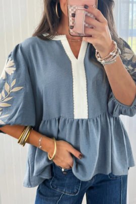 Smoke Green Color Block Patchwork V Neck Embroidered Puff Sleeve Babydoll Blouse Smoke Green Color Block Patchwork V Neck Embroidered Puff Sleeve Babydoll Blouse - Image 4