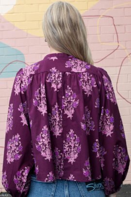 Purple Floral Print Button Front Long Puff Sleeve Shirt Purple Floral Print Button Front Long Puff Sleeve Shirt - Image 5